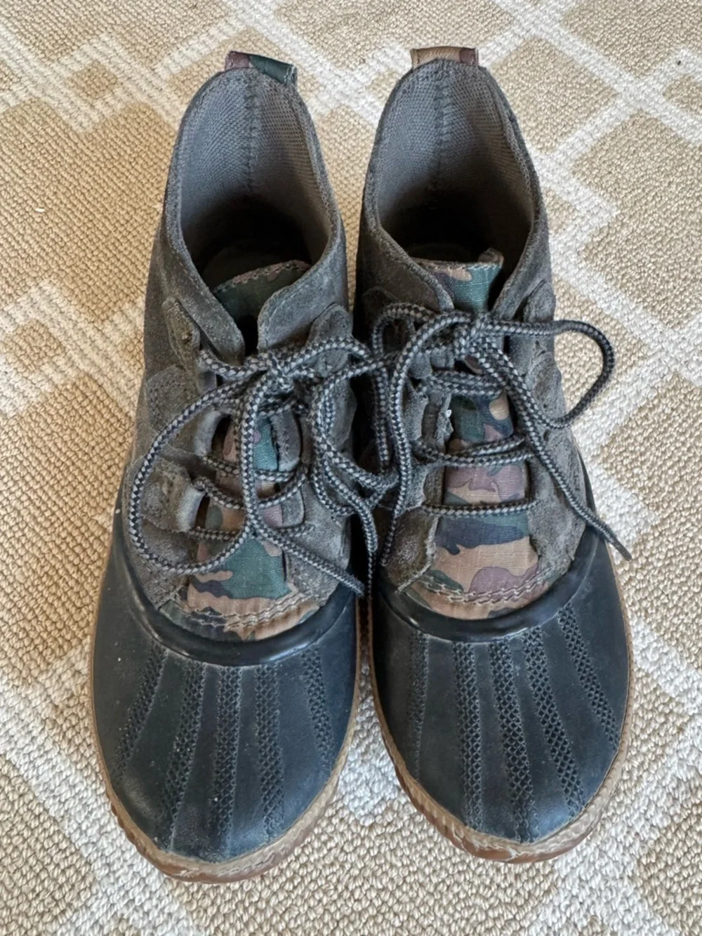 Sorel Out N About Duck Boots Waterproof Rain Shoes Suede Brown Camo Size 7